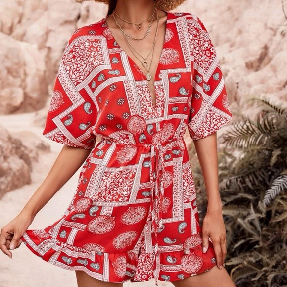 New Boho Red & White Scarf Print Batwing Sleeve Knot Front Ruffle Hem Romper - Picture 8 of 12